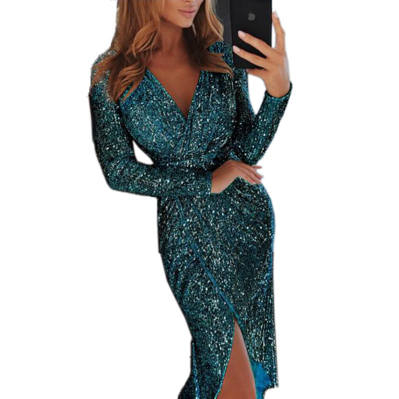 GlowSculpt – Vestido Bodycon de Manga Larga con Efecto Bronce para la Mujer que Ilumina la Noche