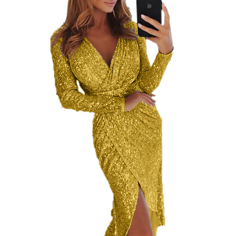 GlowSculpt – Vestido Bodycon de Manga Larga con Efecto Bronce para la Mujer que Ilumina la Noche