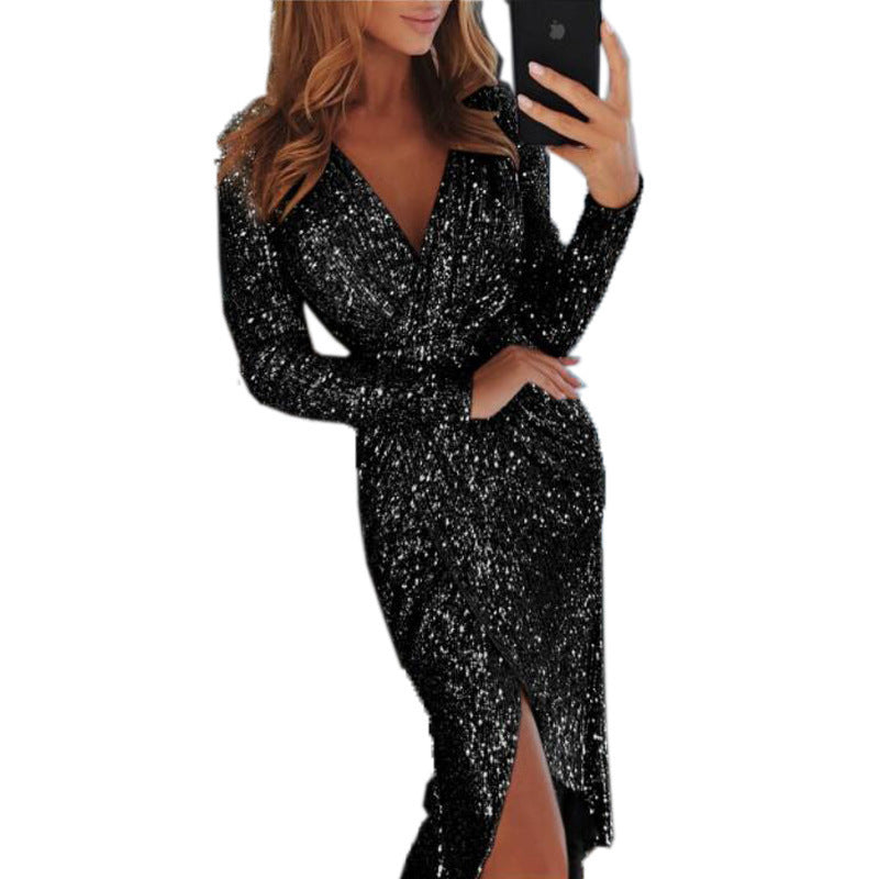 GlowSculpt – Vestido Bodycon de Manga Larga con Efecto Bronce para la Mujer que Ilumina la Noche