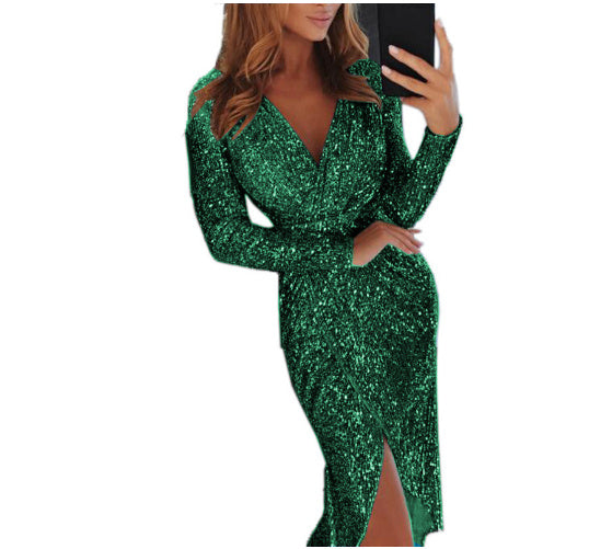 GlowSculpt – Vestido Bodycon de Manga Larga con Efecto Bronce para la Mujer que Ilumina la Noche