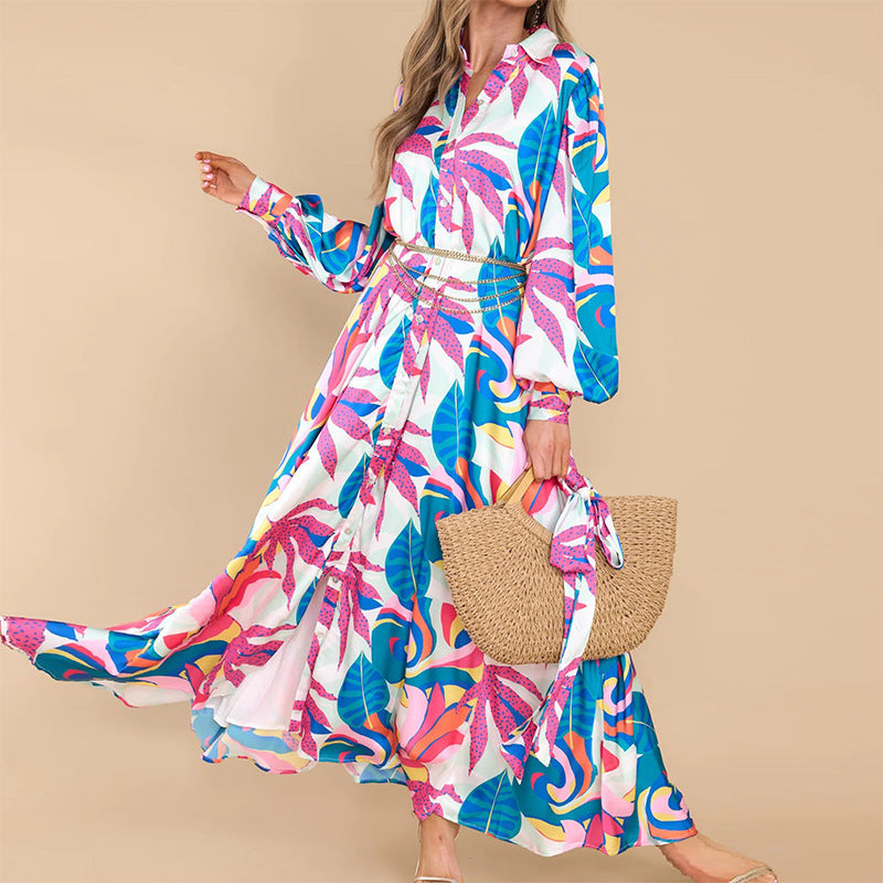 RoyalPrint – Vestido Camisero Estampado con Manga Larga y Ruedo Oversized para la Reina del Estilo Desenfadado