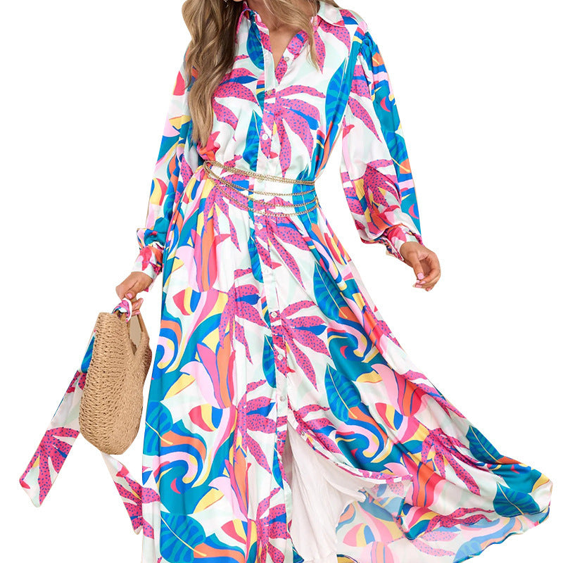 RoyalPrint – Vestido Camisero Estampado con Manga Larga y Ruedo Oversized para la Reina del Estilo Desenfadado