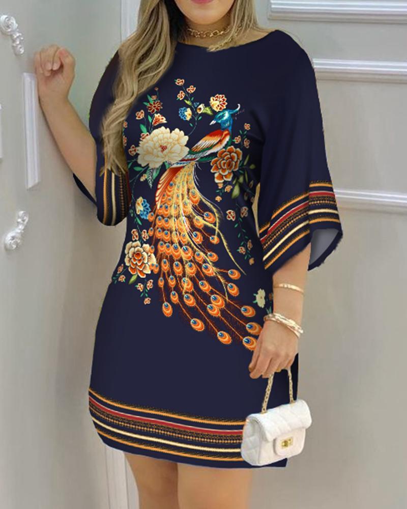 AuraBloom – Vestido Estampado Cuello Redondo para la Reina Natural